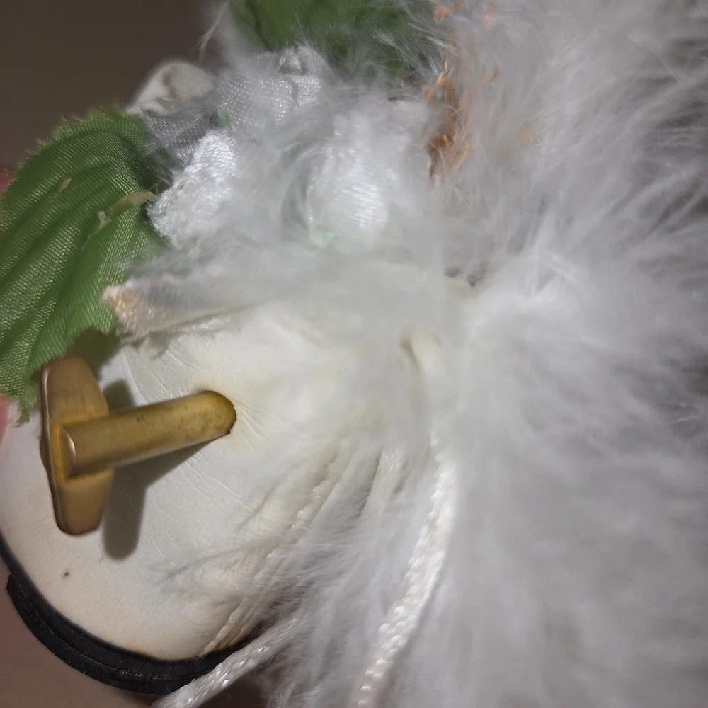 Vintage‎ Miniature White Leather Bootie Doll Shoe Ornament Feather Floral